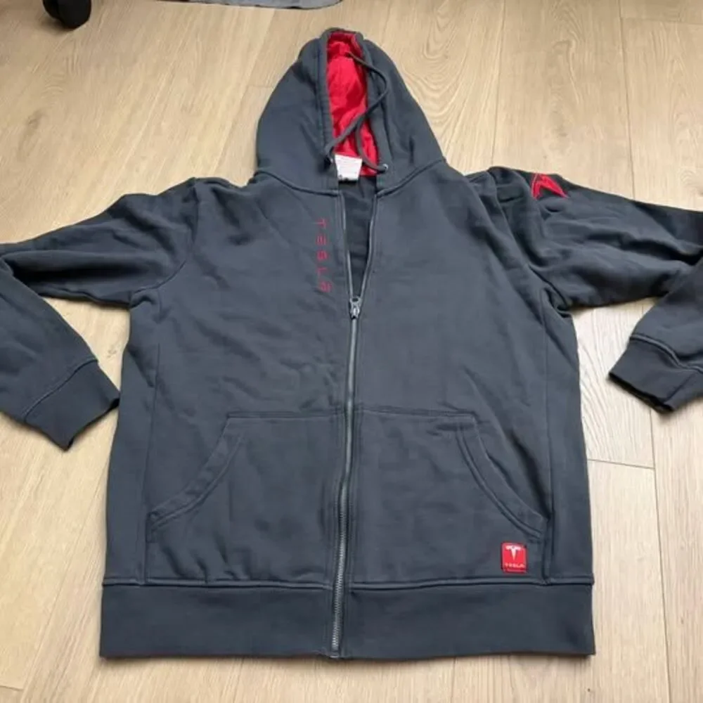 Tesla Embroidered Zip-Up Gray Hoodie size Small